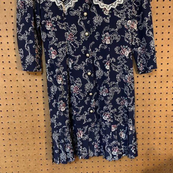 Vintage Dress 80s Victoria Ashley Lace Collar Button Front Floral Drop Waist - Picture 2 of 11